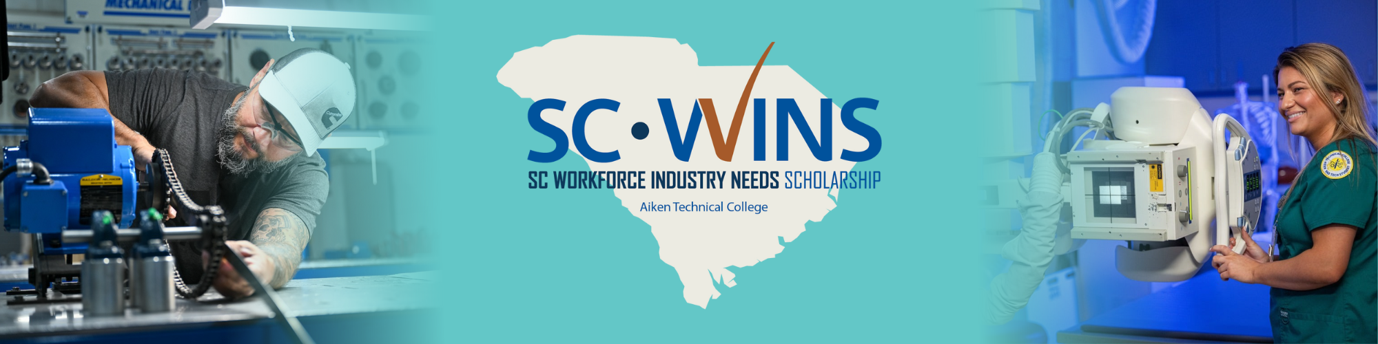 SC WINS logo in the center with a photo of a student in an industrial lab on the left and a student in a health science lab on the right