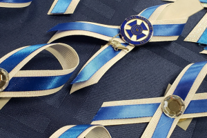 Photo of blue and white ribbons wth a nursing program pin in the middle