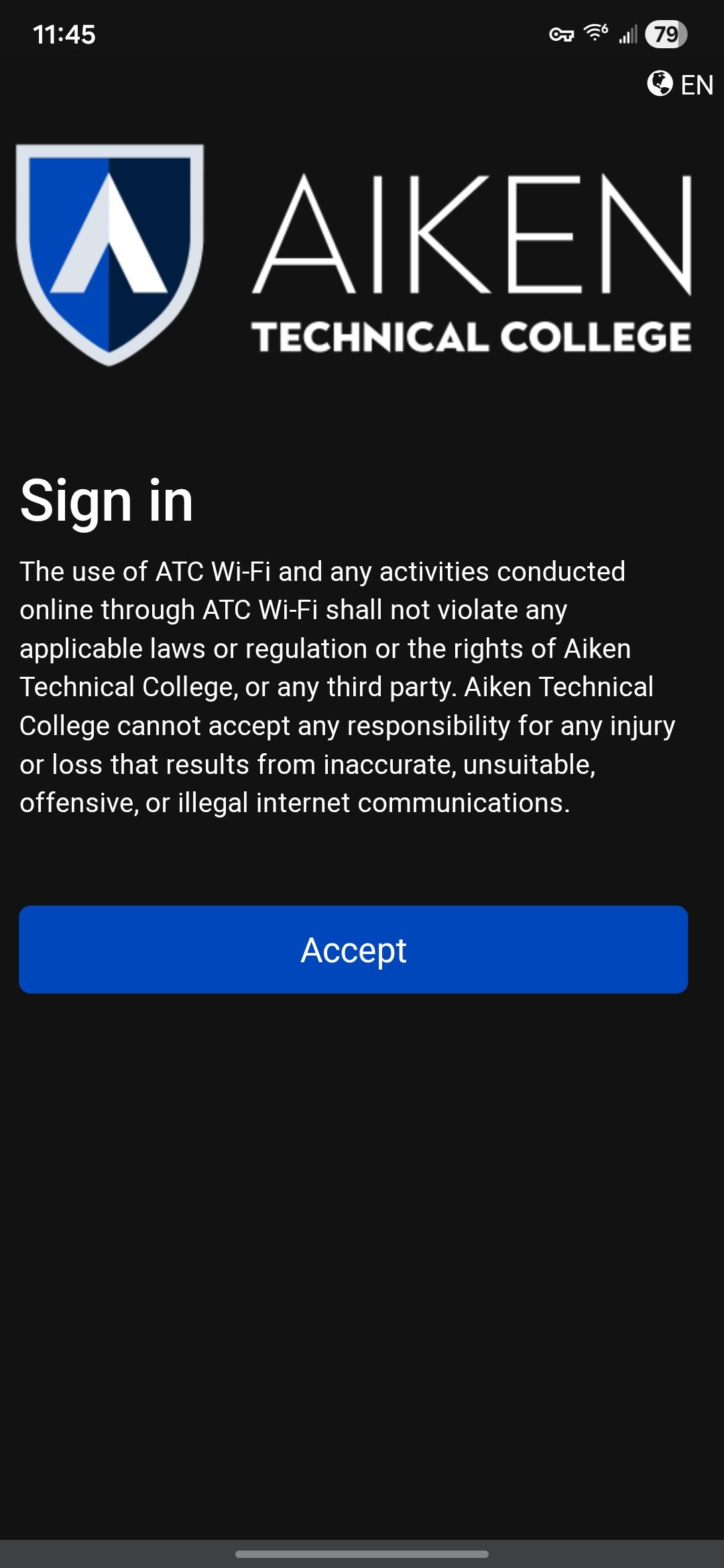 Screenshot of the ATC Guest WiFi splash screen on an Android device, complete with the user agreement text and a blue button with the word "Accept" on it.