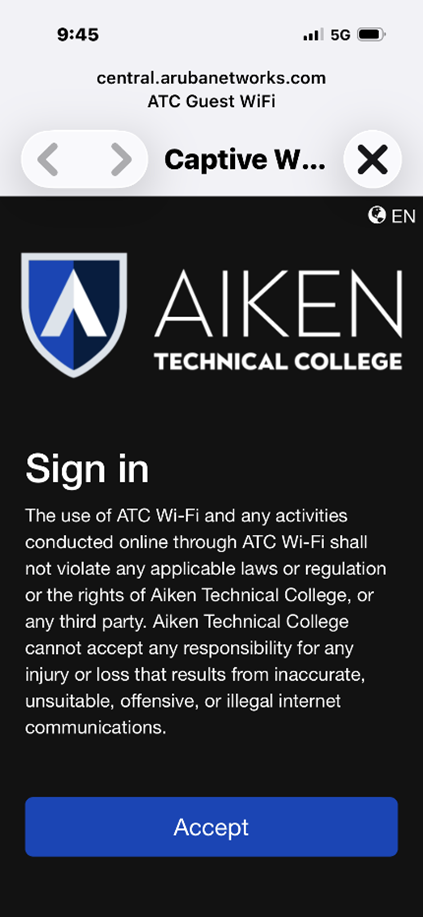Screenshot of the ATC Guest WiFi splash screen on an apple device, complete with the user agreement text and a blue button with the word "Accept" on it.