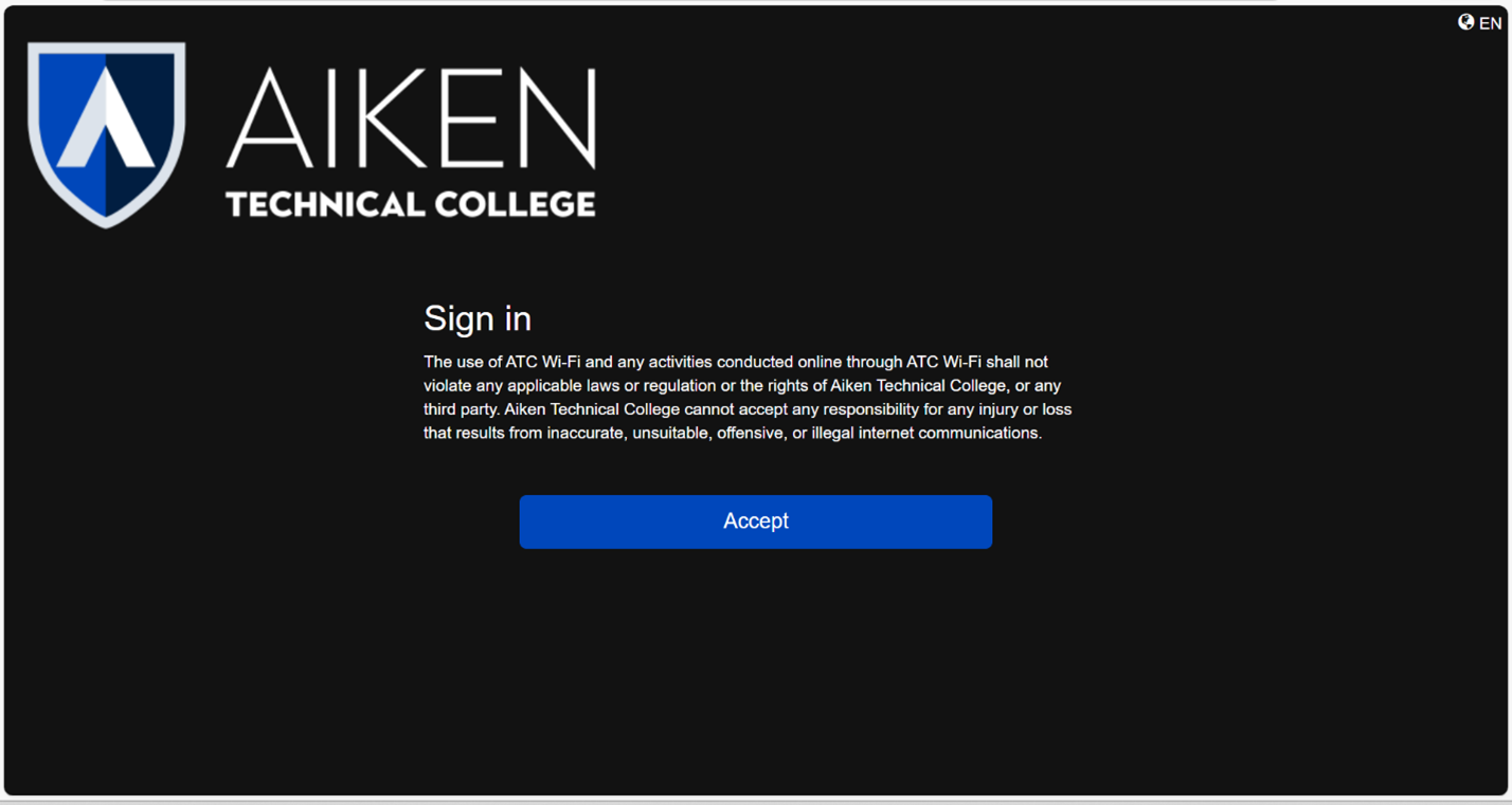 Screenshot of the ATC Guest WiFi splash screen, with the user agreement and a blue button with the word "Accept" on it.